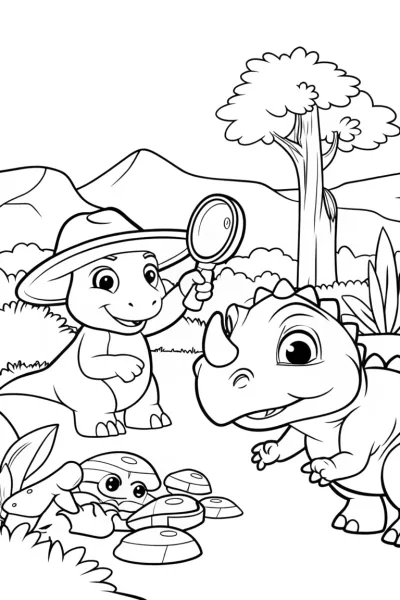 Dino Explorers on a Fossil Quest Coloring Page