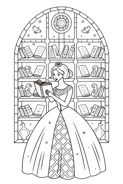Princess in the Enchanted Library Coloring Page
