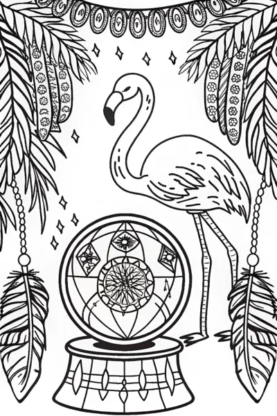 Flamingo fortune teller’s mystical insights coloring page