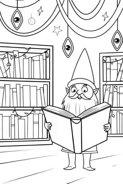 Gnome in the Enchanted Library Coloring Page