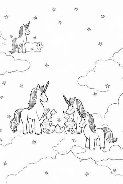 Unicorns crafting dreams in clouds