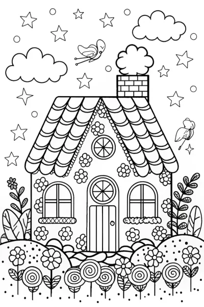 Gingerbread House in the Enchanted Garden Coloring Page
