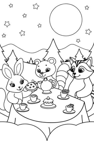Starry Tea Party with Woodland Creatures Coloring Page