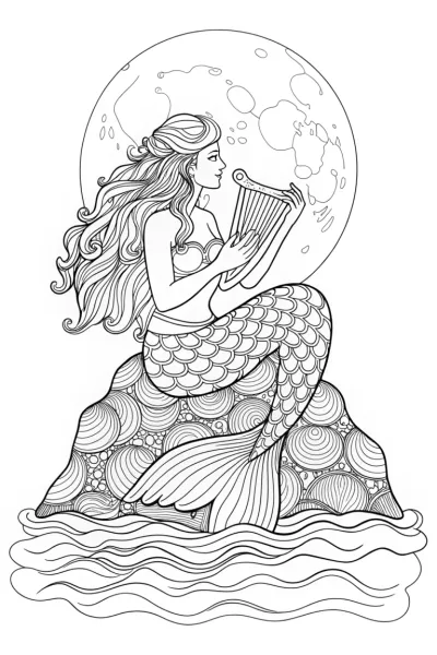 Mermaid’s Moonlit Melody Coloring Page