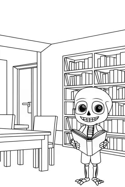 Library scene with a friendly skeleton