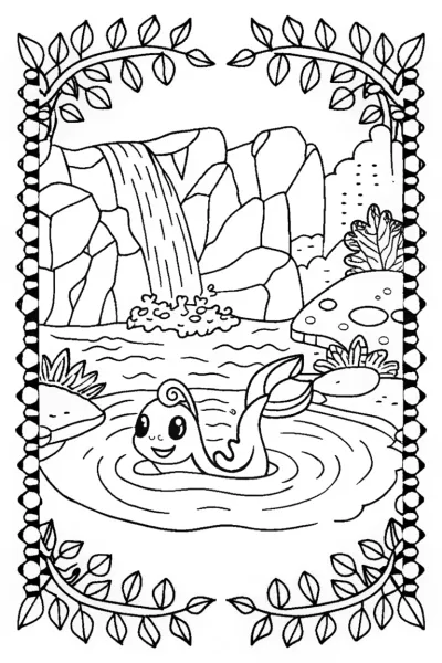 Dratini’s Enchanted Waterfall Adventure Coloring Page