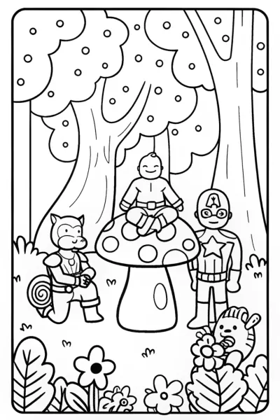 Avengers Assemble in a Whimsical Forest Coloring Page