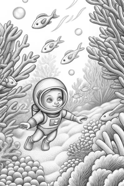Baby underwater explorer with fish