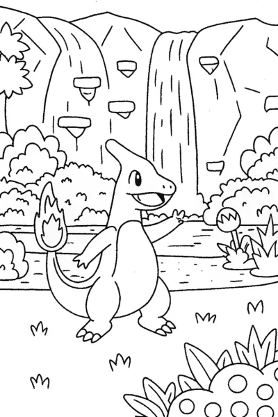 Charizard’s Flame Dance by the Waterfall Coloring Page