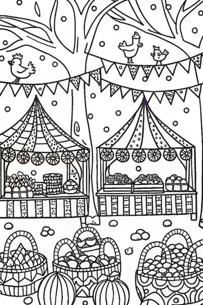 Chickens in a Fantasy Marketplace Coloring Page