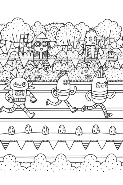 Monsters sports day coloring page