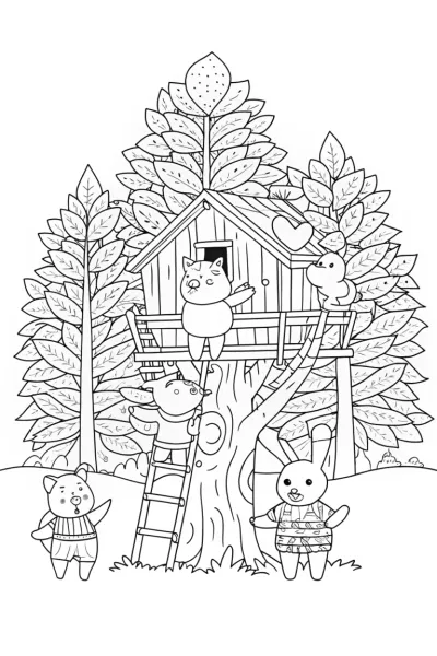 Animals building a treehouse
