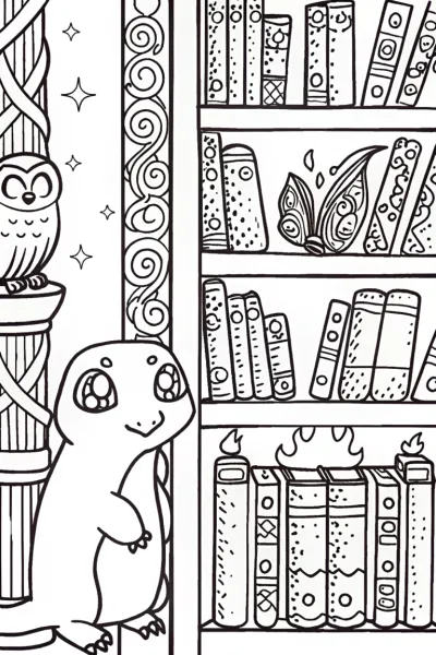 Charmander’s Magical Library Adventure Coloring Page