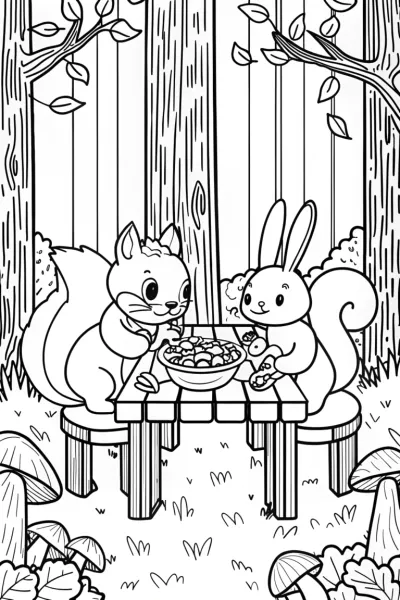 Squirrel and Rabbit Fall Feast Coloring Page