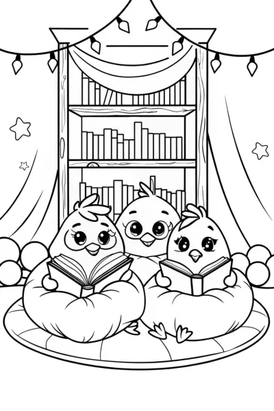 Chickens in a Cozy Book Nook Coloring Page
