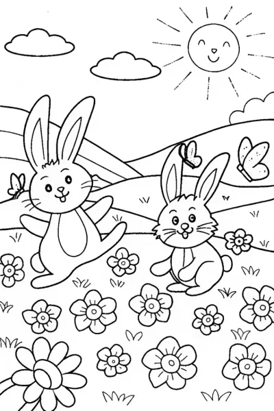 Bouncy Bunnies in the Meadow Coloring Page