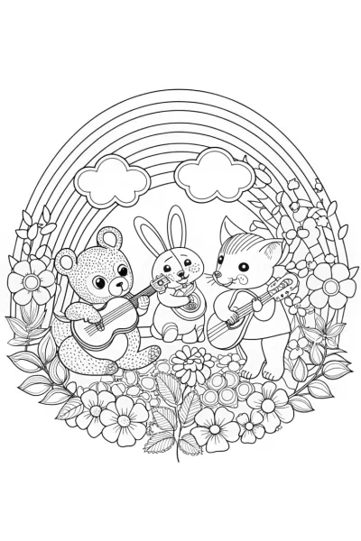 Animals playing music under a rainbow
