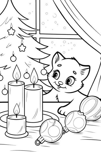 Playful Kitten Christmas Coloring Page