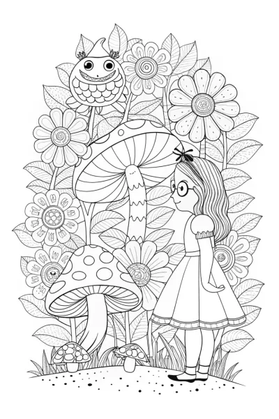 Alice and the Caterpillar’s Wisdom Coloring Page