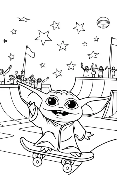 Baby Yoda’s Galactic Skatepark Adventure Coloring Page