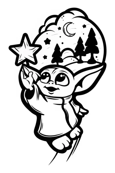 Baby Yoda’s Starry Night Adventure Coloring Page