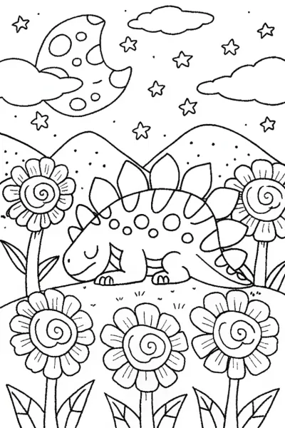 Dino Dreaming in a Cosmic Garden Coloring Page