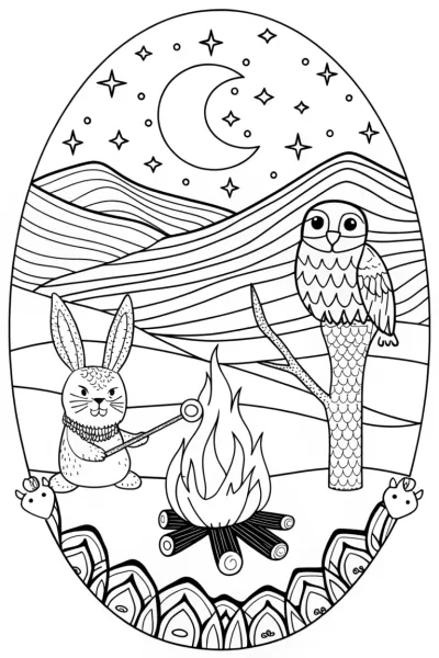 Cozy Campfire Night with Rabbit Coloring Page