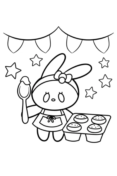 My Melody baking in a magical bakery