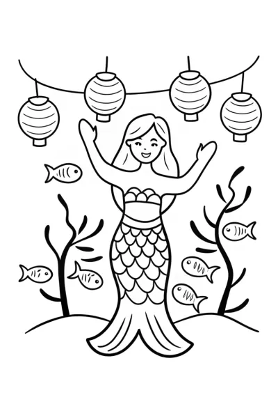 Mermaid’s Festival of Lights Coloring Page