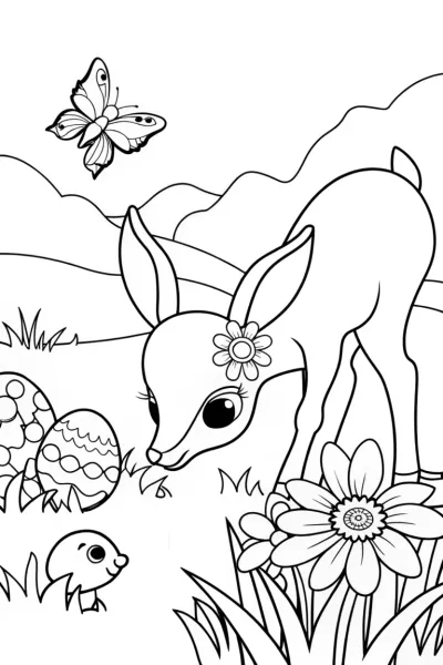 Easter Egg Hunt with Fawn and Bunny Coloring Page