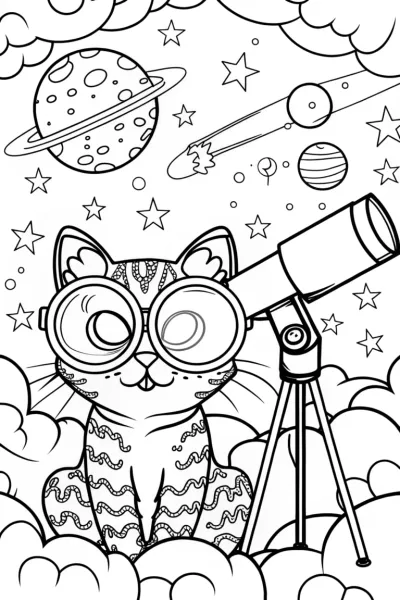 Cat Astronomer Coloring Page