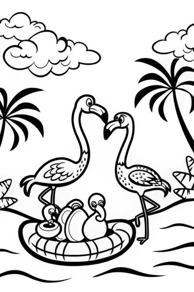 Flamingo Fiesta on the Floating Raft Coloring Page