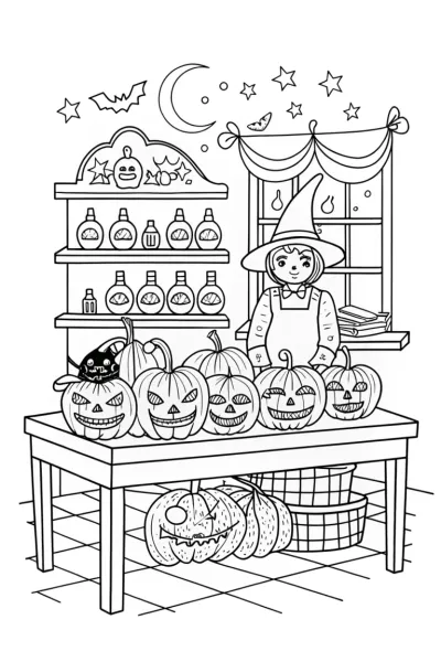 Witch’s Enchanted Pumpkin Workshop Coloring Page
