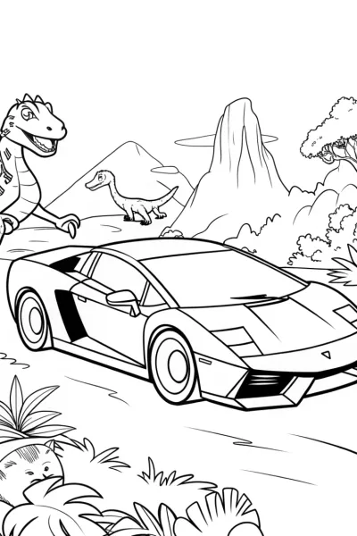Lamborghini Adventure with Dino Friends Coloring Page