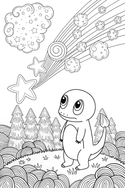 Charmander’s Meteor Shower Adventure Coloring Page