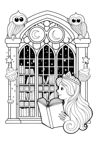 The Princess of the Enchanted Library Coloring Page