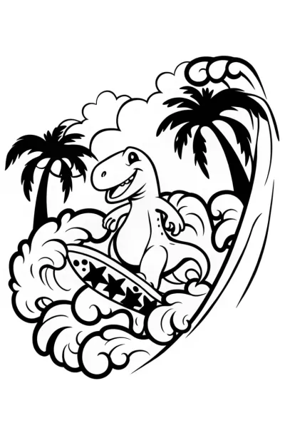 Dino Surfing Adventure Coloring Page