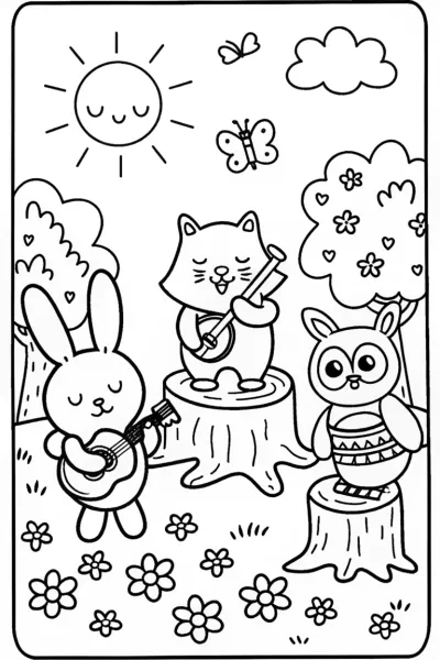 Woodland Animals Orchestra Coloring Page