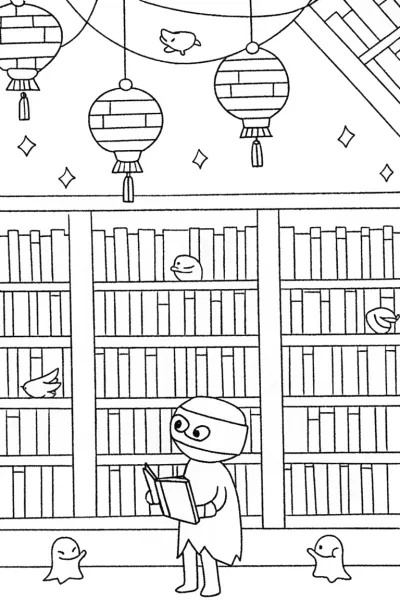 Ninja in the Enchanted Library Coloring Page