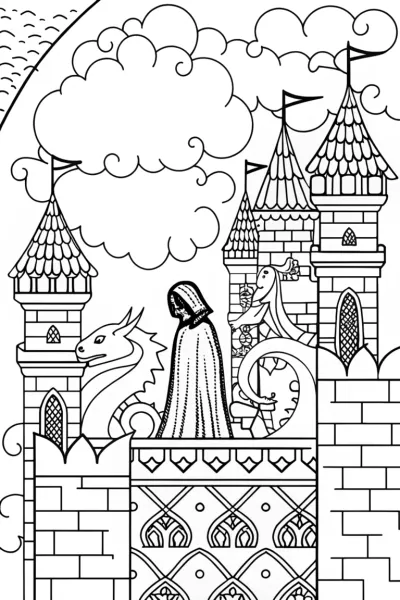 Ninja in the Sky Castle Coloring Page