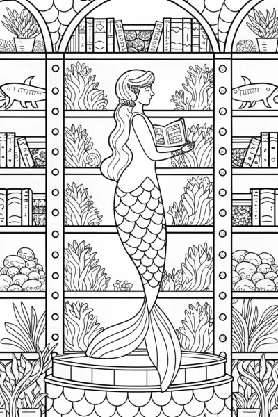 Mermaid librarian in the coral archive