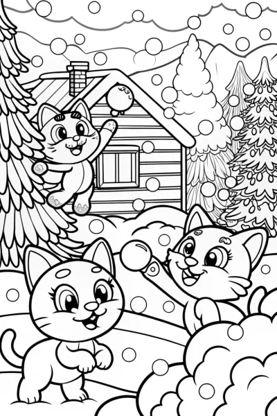 Playful Kittens Snowball Fight Coloring Page