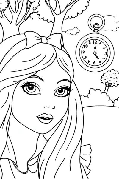 Alice and the Curious Timekeeper Coloring Page