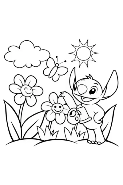 Stitch’s Quirky Garden Adventure Coloring Page