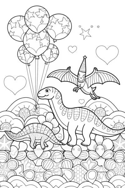 Dinosaur Parade in the Clouds Coloring Page