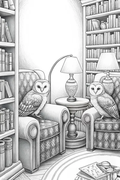 Owls in a cozy library