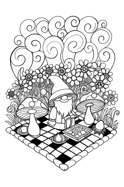 Gnome’s Delightful Picnic in the Flower Garden
