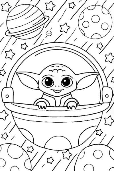 Baby Yoda’s Dreamy Starship Adventure Coloring Page