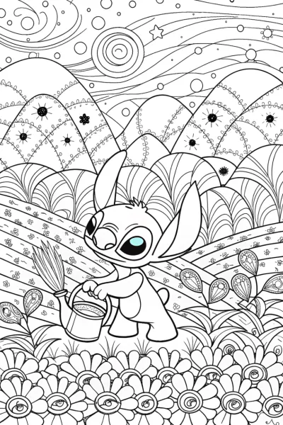Stitch’s Galactic Garden Adventure Coloring Page