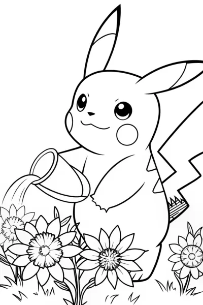 Pikachu watering cosmic flowers